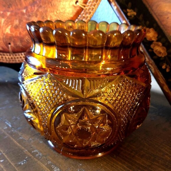 Vintage amber hobstar carnival glass candle holder/vase - Picture 1 of 6